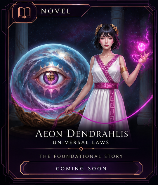 Novel Morileth in white and violet beside the canonical eye and Tree of Life.